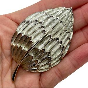 Large Textured Leaf Silver Brooch Pin Possibly Vintage